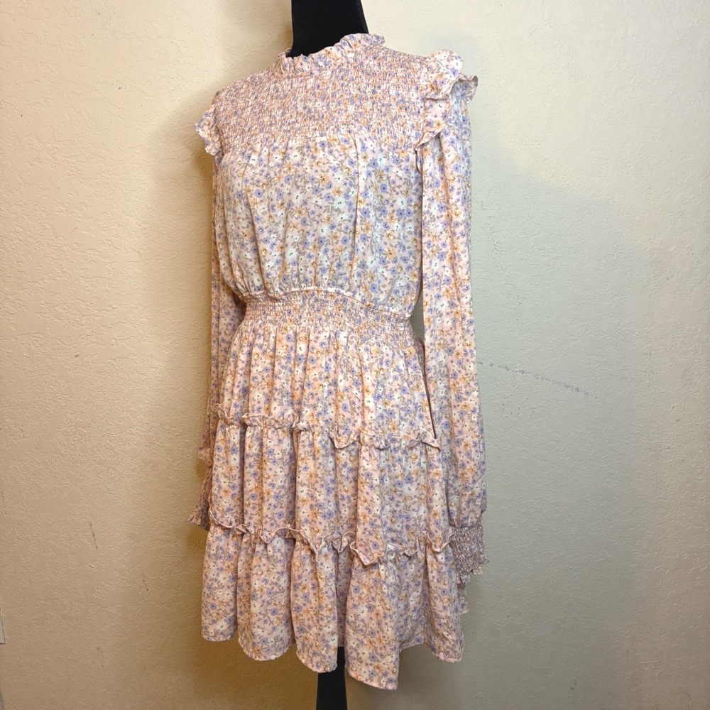 By The River Floral Dress Smocked Tiered Mini Pink Purple Large Long Sleeve